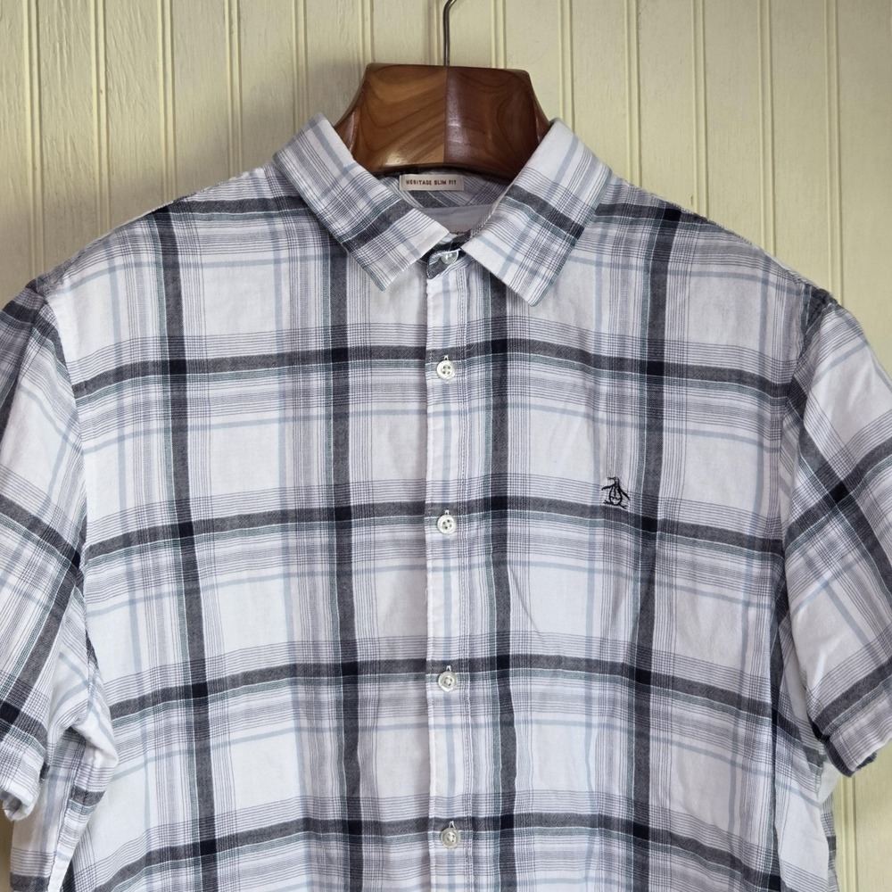 Original Penguin Shirt Mens XL White Plaid Short Sleeve‎ Button Up Slim Fit